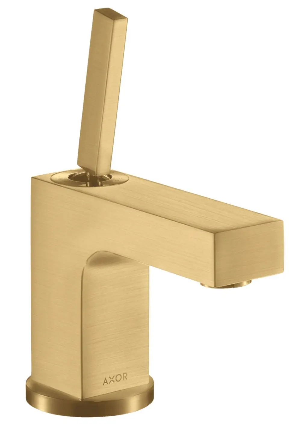 Ein Waschtischmischer in gebürstetem Goldfinish mit einem seitlichen Hebel von AXOR. Geeignet für Handwaschbecken, ausgestattet mit einer Zugstangen-Ablaufgarnitur.